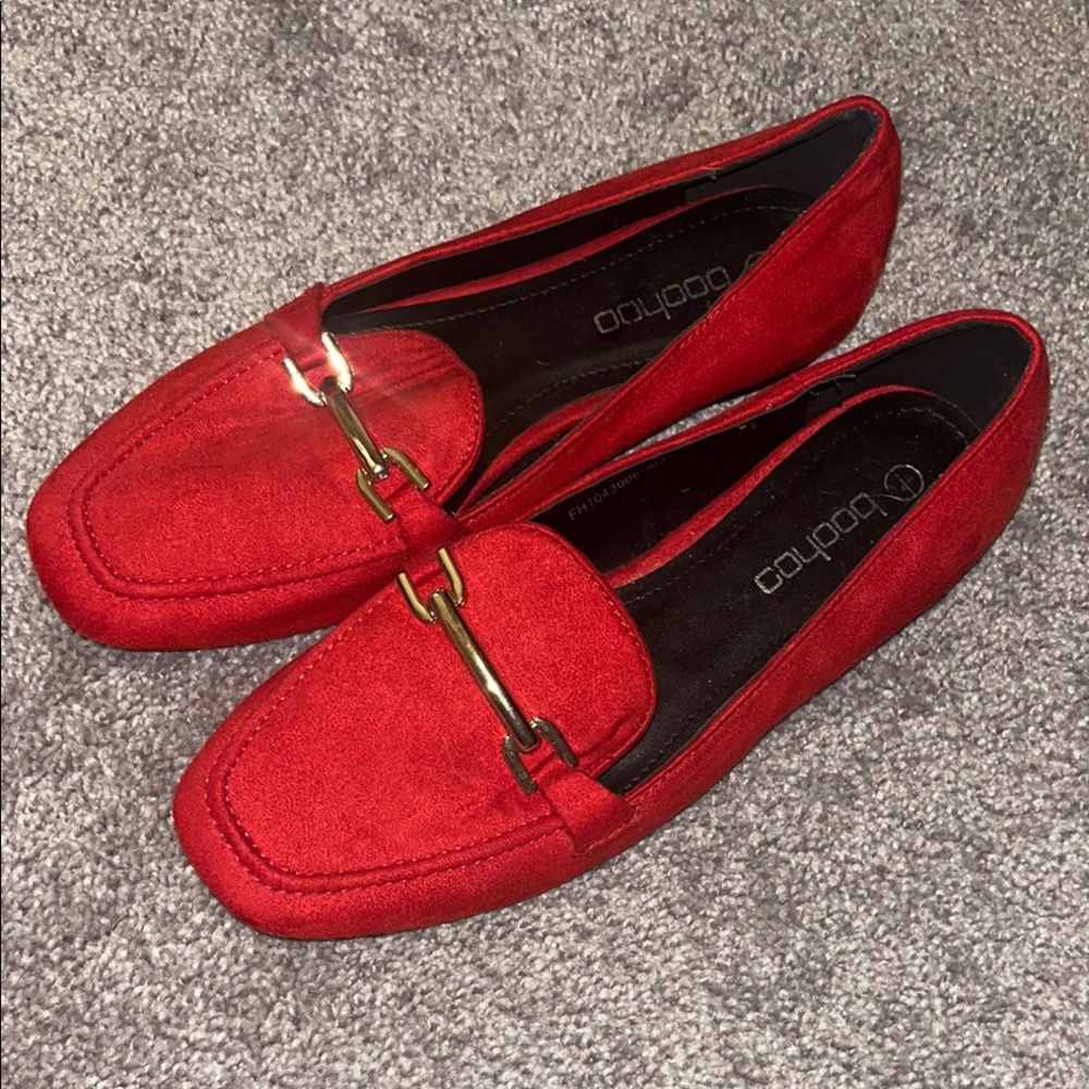 Boohoo Red Suede Loafers Gold Buckle Square Toe Women's Flats
